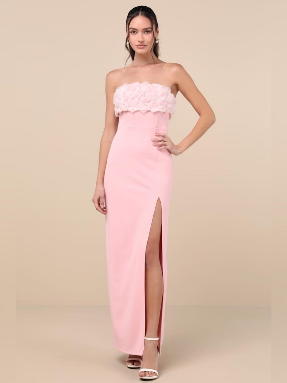 Lulus Fiore Light Pink 3D Rosette Strapless Maxi Dress New‎ Small Barbie Pink